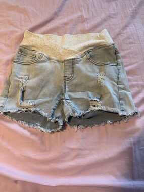 Light Wash Denim Maternity Shorts with Stretch Waistband